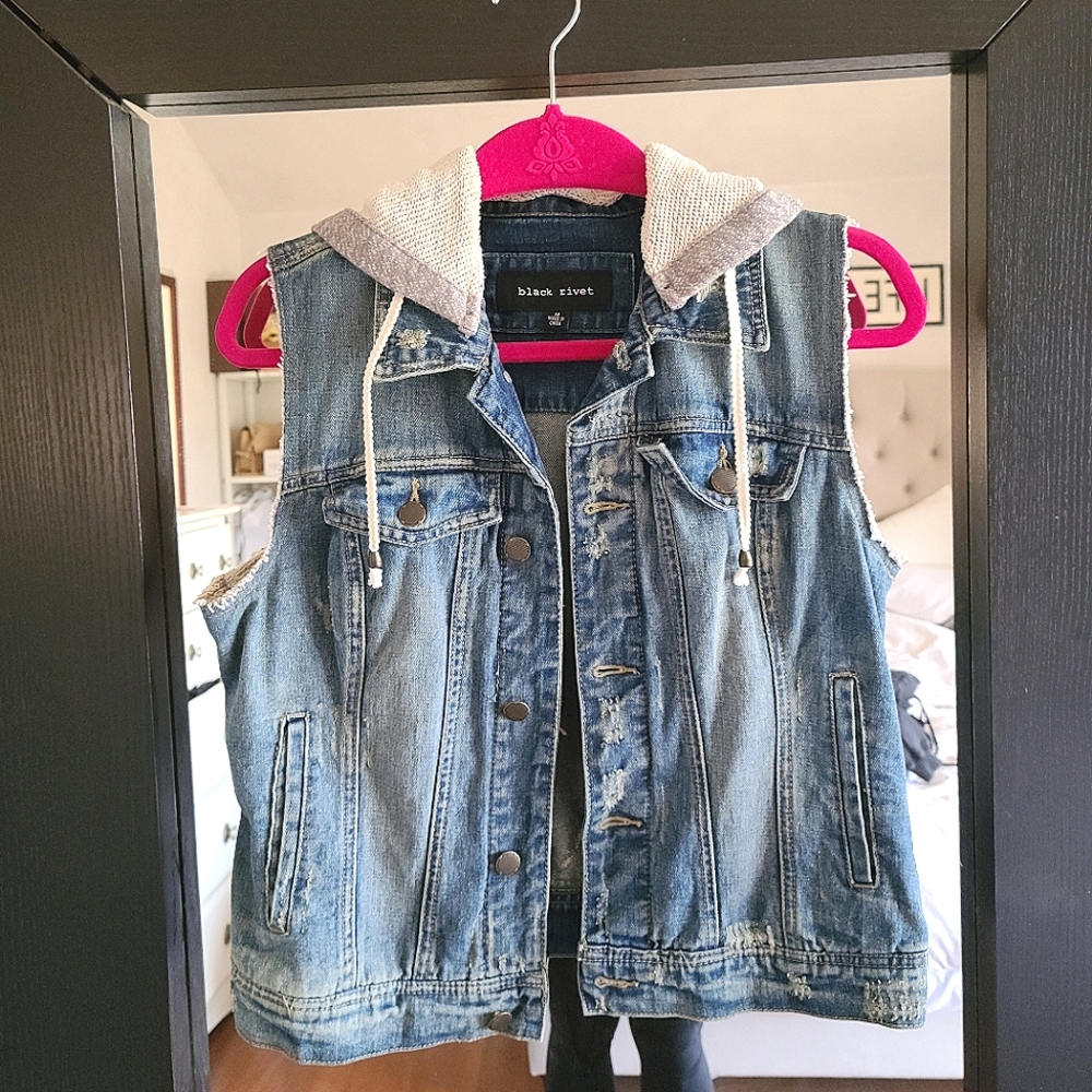 Distressed denim vest with hoodie